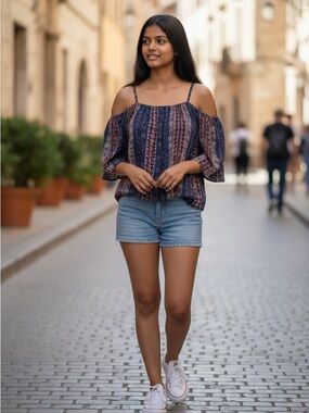 Japna Women’s Navy and pink Rust Cold-Shoulder Boho Blouse XL